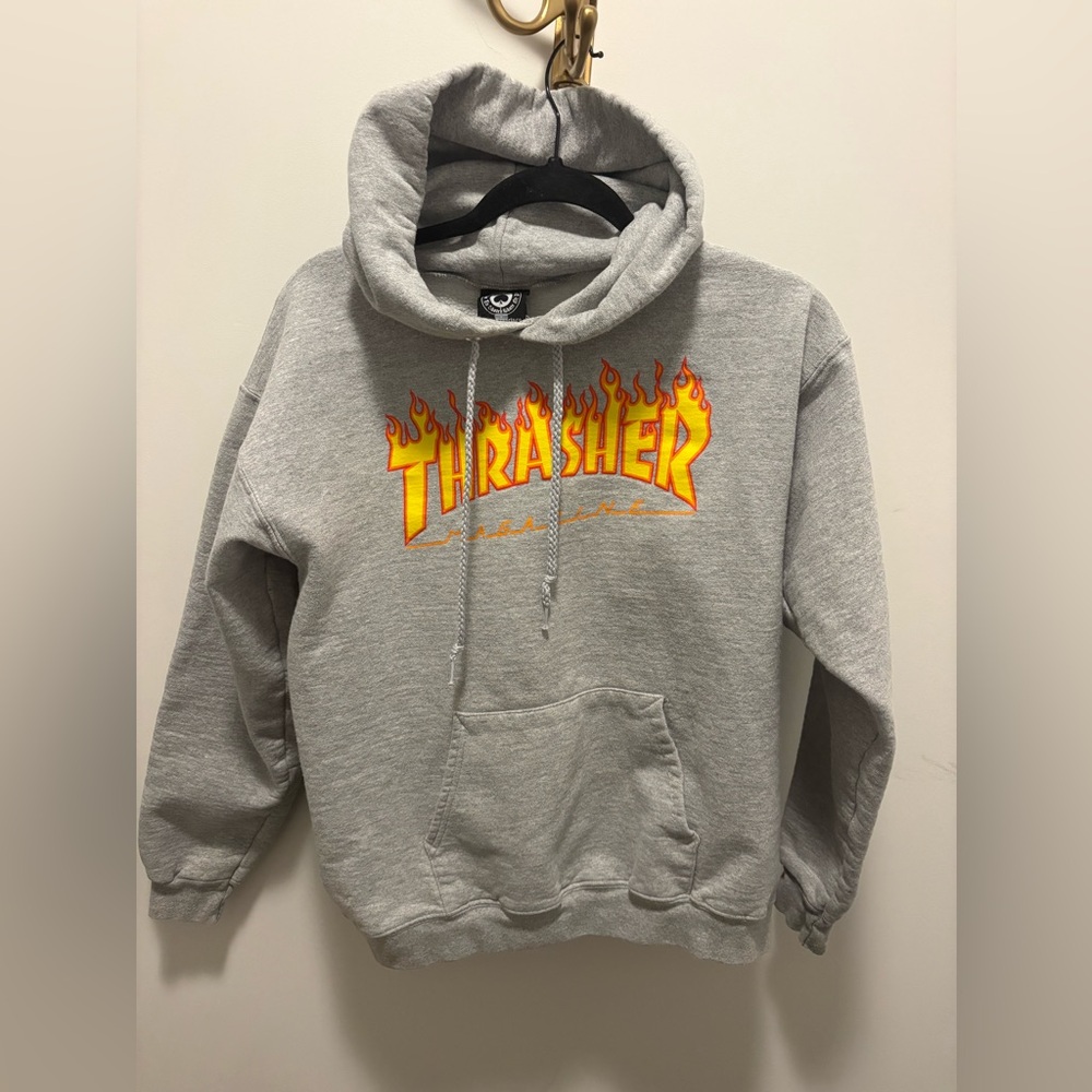 Thrasher Gray Crewneck Hoodie with Yellow-Orange Flame Logo - Men